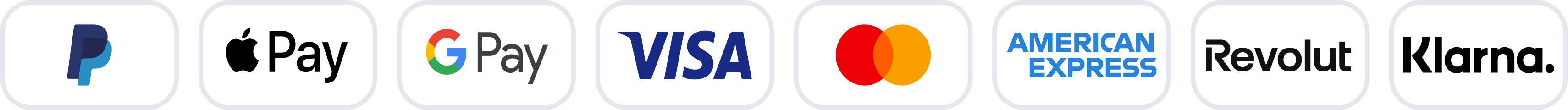 PayPal · Apple Pay · Google Pay · Visa · Mastercard · American Express · Revolut · Klarna